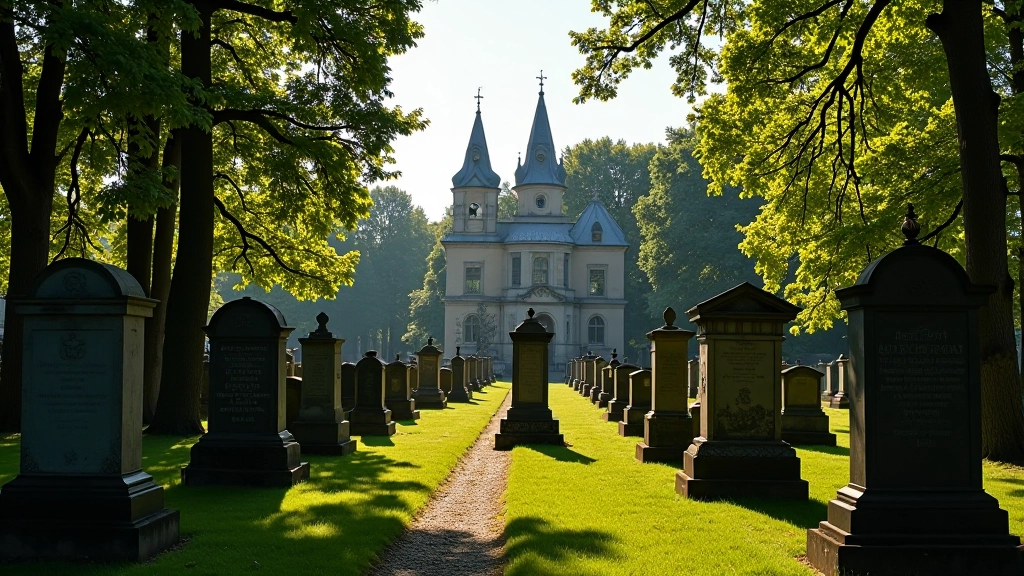 Senosios kapinės, žiūrint nuo šono, architektūra ir medžiai