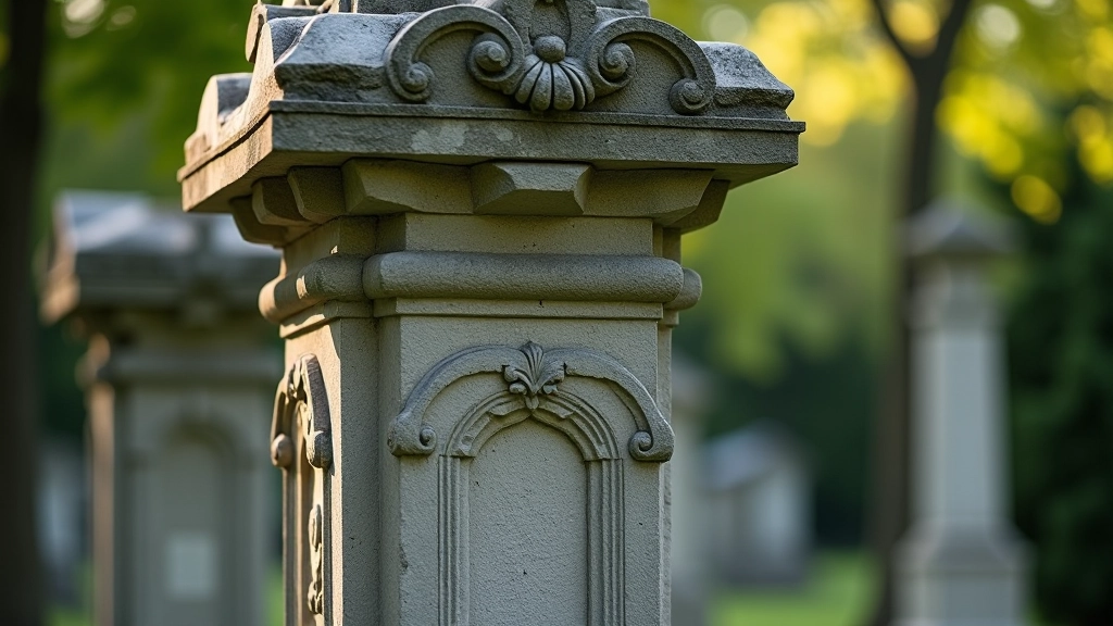 Senovinis kapų paminklas su raižytais ornamentais, detalūs akmens darbai